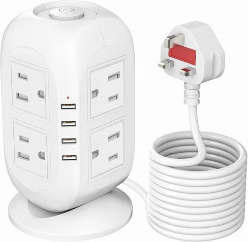 【5M】 برج قطاع الطاقة الواقي من زيادة التيار مع USB. TEEMDOM 12 في 1 شريط طاقة مع منافذ USB، برج حماية من زيادة التيار مع 8 منافذ مع 4 USB، سلك تمديد طويل 5 متر/15 قدم مع منافذ متعددة أبيض... in Saudi Arabia