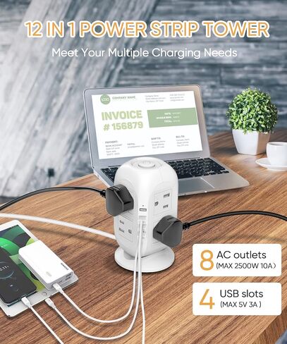 【5M】 برج قطاع الطاقة الواقي من زيادة التيار مع USB. TEEMDOM 12 في 1 شريط طاقة مع منافذ USB، برج حماية من زيادة التيار مع 8 منافذ مع 4 USB، سلك تمديد طويل 5 متر/15 قدم مع منافذ متعددة أبيض... in Saudi Arabia