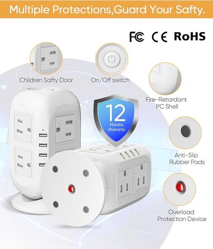 【5M】 برج قطاع الطاقة الواقي من زيادة التيار مع USB. TEEMDOM 12 في 1 شريط طاقة مع منافذ USB، برج حماية من زيادة التيار مع 8 منافذ مع 4 USB، سلك تمديد طويل 5 متر/15 قدم مع منافذ متعددة أبيض... in Saudi Arabia