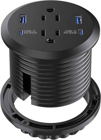 حلقة طاقة لسطح المكتب، منفذ شحن سريع GaN بقدرة 65 وات USB C، 2 منافذ تيار متردد، 4 منافذ USB في الجزء العلوي من مكتبك، حلقة تثبيت طاقة فلوش ماونت، فتحة 3 بوصات، مخرج كونترتوب in Kuwait