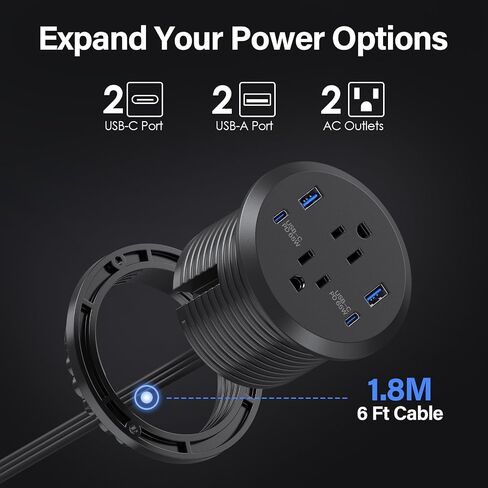 حلقة طاقة لسطح المكتب، منفذ شحن سريع GaN بقدرة 65 وات USB C، 2 منافذ تيار متردد، 4 منافذ USB في الجزء العلوي من مكتبك، حلقة تثبيت طاقة فلوش ماونت، فتحة 3 بوصات، مخرج كونترتوب in Kuwait