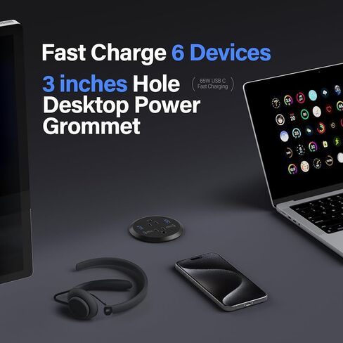 حلقة طاقة لسطح المكتب، منفذ شحن سريع GaN بقدرة 65 وات USB C، 2 منافذ تيار متردد، 4 منافذ USB في الجزء العلوي من مكتبك، حلقة تثبيت طاقة فلوش ماونت، فتحة 3 بوصات، مخرج كونترتوب in Kuwait