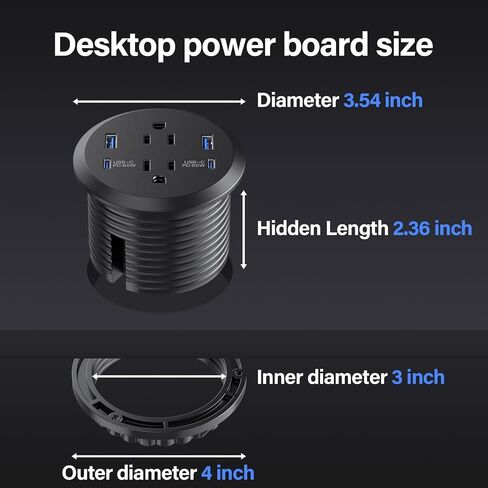 حلقة طاقة لسطح المكتب، منفذ شحن سريع GaN بقدرة 65 وات USB C، 2 منافذ تيار متردد، 4 منافذ USB في الجزء العلوي من مكتبك، حلقة تثبيت طاقة فلوش ماونت، فتحة 3 بوصات، مخرج كونترتوب in Kuwait