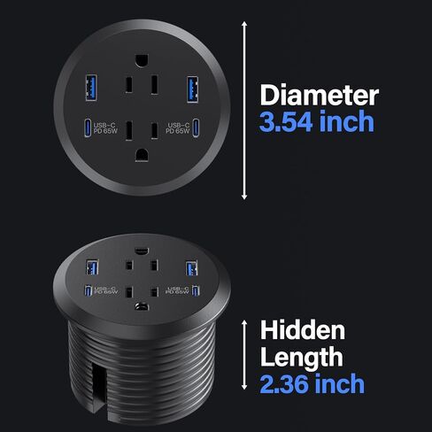 حلقة طاقة لسطح المكتب، منفذ شحن سريع GaN بقدرة 65 وات USB C، 2 منافذ تيار متردد، 4 منافذ USB في الجزء العلوي من مكتبك، حلقة تثبيت طاقة فلوش ماونت، فتحة 3 بوصات، مخرج كونترتوب in Kuwait