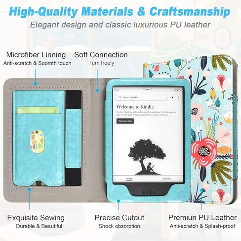 DMLuna Case for All-New Kindle 6" (11th Generation 2022 Release, Model C2V2L3), Hands Free Stand Durable Premium PU Leather Cover with Auto Sleep Wake Function, Hand Strap and Card Slot - Black in Kuwait