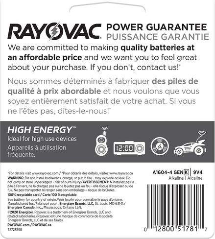 Rayovac High Energy 9V Batteries (4 Pack), Alkaline 9 Volt Batteries in Saudi Arabia