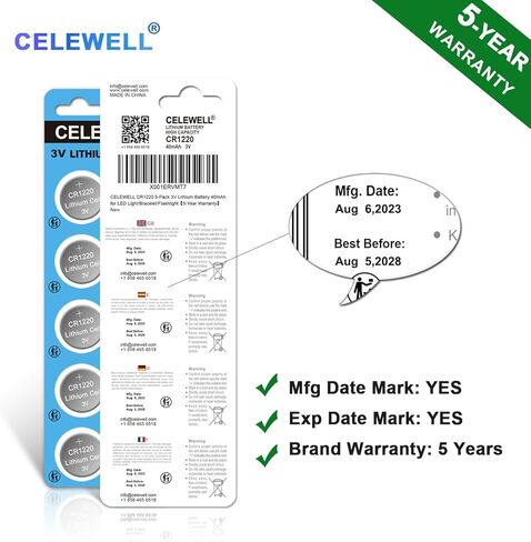 بطارية ليثيوم CELEWELL CR1220 5 عبوات 3 فولت 40 مللي أمبير في الساعة لمصباح LED/السوار/مصباح يدوي 【ضمان لمدة 5 سنوات】 in Saudi Arabia