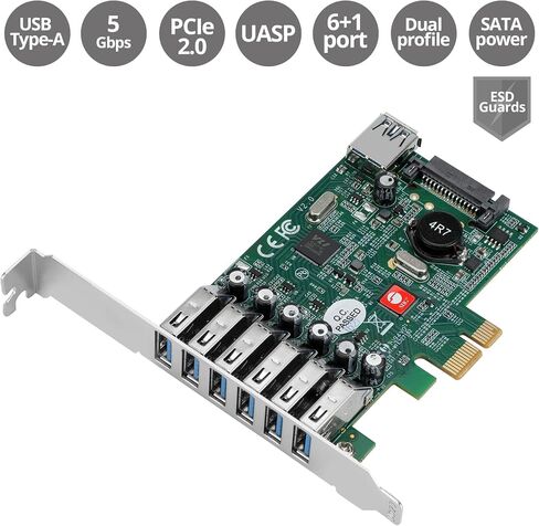 بطاقة توسيع SIIG ذات 7 منافذ USB 3.0 بسرعة 5 جيجابت في الثانية PCIe مع أقواس كاملة ومنخفضة للكمبيوتر المكتبي، تدعم Windows 11/ 10 (JU-P70011-S2) in Saudi Arabia