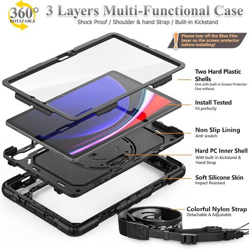 SEYMAC stock Case for Samsung Galaxy Tab S10 Lite / S10 FE / S9 FE 5G / S9 Tablet Case 10.9''/ 11'' Protective with Screen Protector, Pen Holder, 360 Rotate Stand, Hand Strap, Shoulder Strap, Black1 in Kuwait