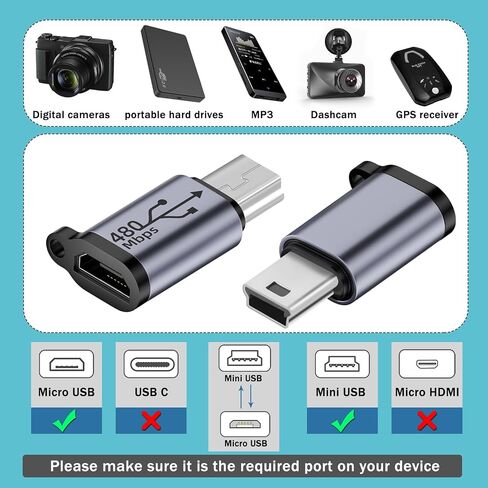 QIANRENON Mini USB Male to Micro USB Female Adapter Mini USB Plug to Micro USB2.0 Jack Charging Data Connector 480Mbps 18W 9V/2A, Al Alloy/Hook Hole, for Digital Camera MP3 Mobile Hard Drive, 2Pcs in Saudi Arabia