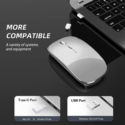 ماوس هالبيلت اللاسلكي القابل للشحن، ماوس لاسلكي صامت محمول USB ونوع C ماوس لاسلكي مزدوج الوضع 3 نقطة في البوصة قابلة للتعديل لأجهزة الكمبيوتر المحمول، ماك، ماك بوك، أندرويد، الكمبيوتر الشخصي (Q23S أسود) (رمادي) in Kuwait