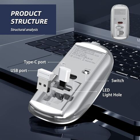 ماوس هالبيلت اللاسلكي القابل للشحن، ماوس لاسلكي صامت محمول USB ونوع C ماوس لاسلكي مزدوج الوضع 3 نقطة في البوصة قابلة للتعديل لأجهزة الكمبيوتر المحمول، ماك، ماك بوك، أندرويد، الكمبيوتر الشخصي (Q23S أسود) (رمادي) in Kuwait
