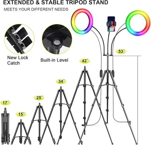 ضوء حلقة سيلفي مزدوج RGB مقاس 8 بوصات مع حامل وحامل هاتف، حامل إضاءة قابل للتمديد مقاس 76 بوصة و29 لونًا من مصابيح LED الدائرية المزدوجة لـ TikTok/البث المباشر/المكياج/يوتيوب in Kuwait
