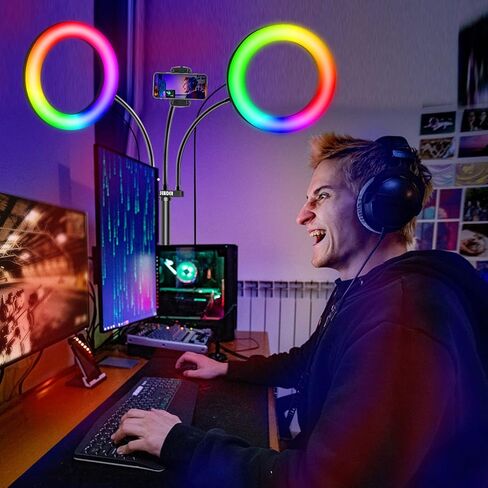 ضوء حلقة سيلفي مزدوج RGB مقاس 8 بوصات مع حامل وحامل هاتف، حامل إضاءة قابل للتمديد مقاس 76 بوصة و29 لونًا من مصابيح LED الدائرية المزدوجة لـ TikTok/البث المباشر/المكياج/يوتيوب in Kuwait