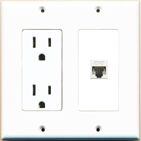 RiteAV - منفذ طاقة 15 أمبير ولوحة حائط من النوع المزخرف بمنفذ Cat5e Ethernet - أبيض in Kuwait