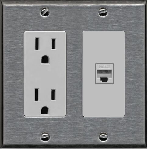 RiteAV - منفذ طاقة 15 أمبير ولوحة حائط من النوع المزخرف بمنفذ Cat5e Ethernet - أبيض in Kuwait
