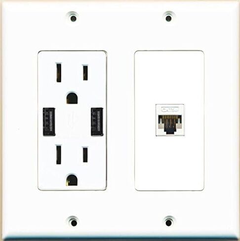 RiteAV - منفذ طاقة 15 أمبير ولوحة حائط من النوع المزخرف بمنفذ Cat5e Ethernet - أبيض in Kuwait