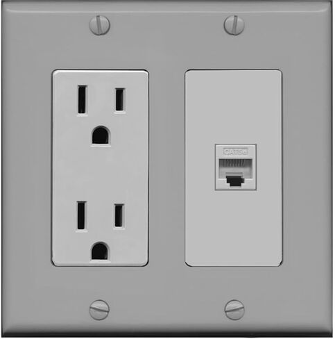 RiteAV - منفذ طاقة 15 أمبير ولوحة حائط من النوع المزخرف بمنفذ Cat5e Ethernet - أبيض in Kuwait