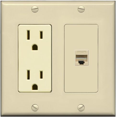 RiteAV - منفذ طاقة 15 أمبير ولوحة حائط من النوع المزخرف بمنفذ Cat5e Ethernet - أبيض in Kuwait