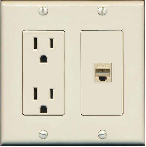 RiteAV - منفذ طاقة 15 أمبير ولوحة حائط من النوع المزخرف بمنفذ Cat5e Ethernet - أبيض in Kuwait