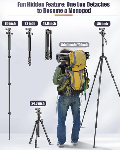 CAMBOFOTO 80"/205cm Camera Tripod, Aluminum Ball Head Tripod for Camera | Travel Tripod with 1/4" QR plate, Detachable Monopod, 33Lbs Load, for DSLR/Camcorder/Binoculars/Telescope/Spotting Scope in Saudi Arabia
