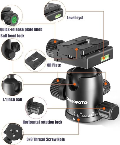 CAMBOFOTO 80"/205cm Camera Tripod, Aluminum Ball Head Tripod for Camera | Travel Tripod with 1/4" QR plate, Detachable Monopod, 33Lbs Load, for DSLR/Camcorder/Binoculars/Telescope/Spotting Scope in Saudi Arabia