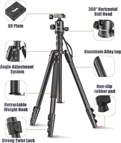 CAMBOFOTO 80"/205cm Camera Tripod, Aluminum Ball Head Tripod for Camera | Travel Tripod with 1/4" QR plate, Detachable Monopod, 33Lbs Load, for DSLR/Camcorder/Binoculars/Telescope/Spotting Scope in Saudi Arabia
