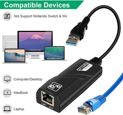 محول USB ايثرنت من هانورد USB 3.0 الى 10/100/1000 جيجابت ايثرنت، محول شبكة LAN RJ45 لاجهزة ماك بوك والكمبيوتر المكتبي واللابتوب مع ويندوز 10/8/7، لينكس، ماك او اس in Kuwait