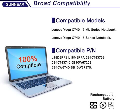 استبدال بطارية الكمبيوتر المحمول SUNNEAR L18D3PF2 لجهاز Lenovo Yoga C740-15IM C740-15IML C740-15 Series Notebook 5B10T83740 5B10W67402 L18M3PFA 5B10T83739 5B10W67258 11.52V 60.3Wh 5235mAh 3-Cell in Saudi Arabia