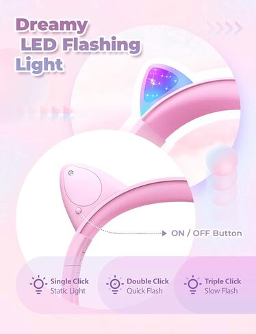 سماعات رأس iClever للأطفال مع إضاءة LED لأذن القطة، سماعات رأس سلكية آمنة للأطفال مع ميكروفون، سماعات رأس FunShare قابلة للطي فوق الأذن للأطفال/المدرسة/iPad/الكمبيوتر اللوحي/السفر، Meow Donut-Purple in Kuwait