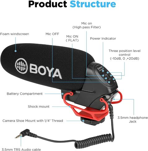 BOYA BY-BM3031R ميكروفون بندقية مع حامل للصدمات للكاميرات وكاميرات الفيديو والهواتف الذكية وميكروفونات فيديو خارجية احترافية فائقة القلب لتسجيل الفيديو والمقابلة والبث المباشر على YouTube in Saudi Arabia