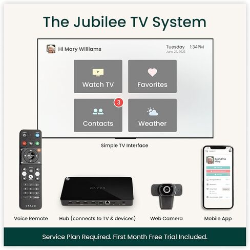 Jubilee TV من Caavo: جهاز تحكم عن بعد عالمي لكبار السن، مكالمات فيديو سهلة الاستخدام + عناصر تحكم صوتية + شاشة رقمية، التحكم في التلفزيون عن بعد من أي مكان، يتضمن تطبيق الهاتف المحمول + خطة خدمة لمدة شهر واحد in Kuwait