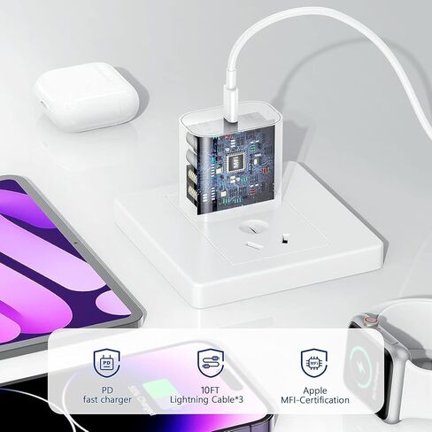 كتلة شاحن سريع iPhone 13 14، [معتمد من Apple MFi] قابس شاحن حائط مع كابل USB C إلى Lightning بطول 6 أقدام، محول طاقة مكعب من النوع C لشحن Apple لهاتف iPhone 14 Pro Max/13 Pro/12 Mini/11، iPad in Kuwait