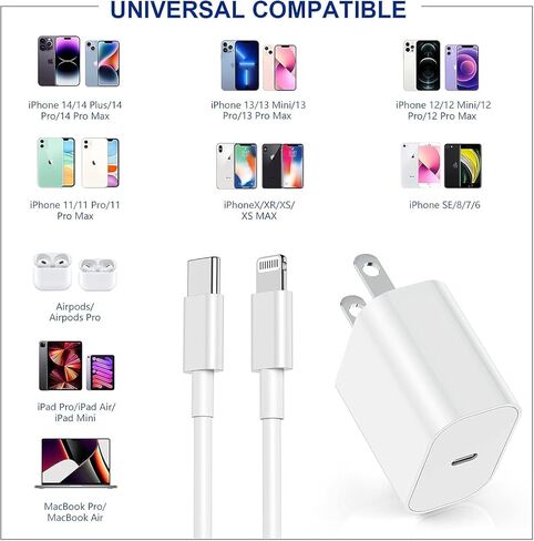 كتلة شاحن سريع iPhone 13 14، [معتمد من Apple MFi] قابس شاحن حائط مع كابل USB C إلى Lightning بطول 6 أقدام، محول طاقة مكعب من النوع C لشحن Apple لهاتف iPhone 14 Pro Max/13 Pro/12 Mini/11، iPad in Kuwait