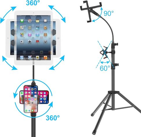 حامل ثلاثي القوائم لجهاز iPad من Tossbiss، حامل تابلت مقاس 63 بوصة مع رقبة معقوفة، حامل ثلاثي لجهاز iPad مع حامل ثلاثي القوائم لجهاز iPad يدور 360 درجة، حامل حامل ثلاثي iPad لجميع أجهزة الكمبيوتر اللوحية والهاتف مقاس 4.7-11.9 بوصة in Kuwait