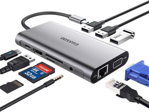 موزع USB C، محطة إرساء، EUASOO 11 في 1 محطة إرساء USB C ثلاثية العرض مع 4K HDMI/1000Mbps Gigabit Ethernet/PD 3.0/4 منافذ USB لأجهزة الكمبيوتر المحمولة MacBook/USB C، MacOS فقط يدعم وضع المرآة in Kuwait