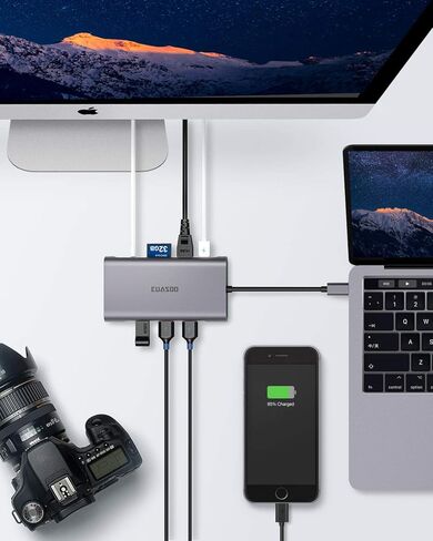 موزع USB C، محطة إرساء، EUASOO 11 في 1 محطة إرساء USB C ثلاثية العرض مع 4K HDMI/1000Mbps Gigabit Ethernet/PD 3.0/4 منافذ USB لأجهزة الكمبيوتر المحمولة MacBook/USB C، MacOS فقط يدعم وضع المرآة in Kuwait