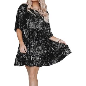 HYLLGUD Women Sequin Dress Sparkly Giltter Round Neck Short Sleeve A-Line Loose Swing Tunic Dress Disco Party Concert