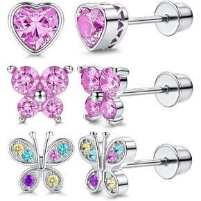 Milacolato 925 Sterling Silver Stud Earrings for Girls Women 14K Gold Plated Hypoallergenic Screwback Earrings Cubic Zirconia Heart Butterfly Screw Back Stud Earrings Set for Toddlers Teen Girls