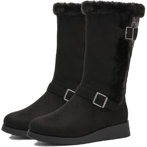 CentroPoint Women's Fashion Mid Calf Snow Boots Low Wedge Heel Winter Booties Faux Fur Cuff Warm Outdoor Shoes