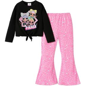 L.O.L. Surprise! Girls 2 Piece Outfits Tie Knot Long Sleeve Tee Top and Heart Pink Bell Bottom Flared Pants Set