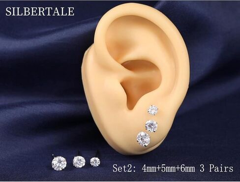 SILBERTALE 3 أزواج 925 فضة مكعبة زركونيا مجموعة أقراط 3-8 ملم للرجال والنساء in Kuwait