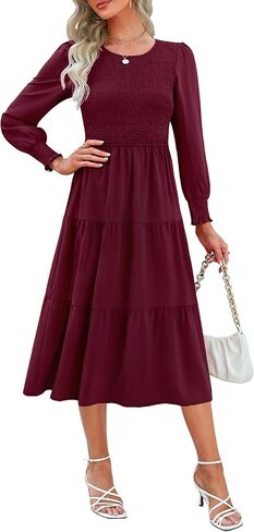 فستان Zattcas النسائي 2023 بأكمام طويلة للخريف ذو صدرية وأصفاد سويسرية منقط بياقة دائرية وطبقات متواضعة غير رسمية فستان ميدي للعمل in Kuwait