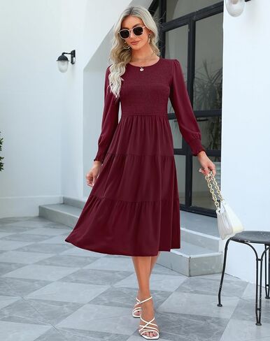 فستان Zattcas النسائي 2023 بأكمام طويلة للخريف ذو صدرية وأصفاد سويسرية منقط بياقة دائرية وطبقات متواضعة غير رسمية فستان ميدي للعمل in Kuwait