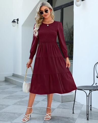 فستان Zattcas النسائي 2023 بأكمام طويلة للخريف ذو صدرية وأصفاد سويسرية منقط بياقة دائرية وطبقات متواضعة غير رسمية فستان ميدي للعمل in Kuwait