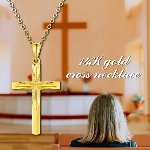14K Solid Gold Cross Necklace for Women, Delicate Gold Italian Diamond-cut Cross Pendant Necklace Religious Jewelry for Girl, Wife, Mom, 16"-18" in Saudi Arabia