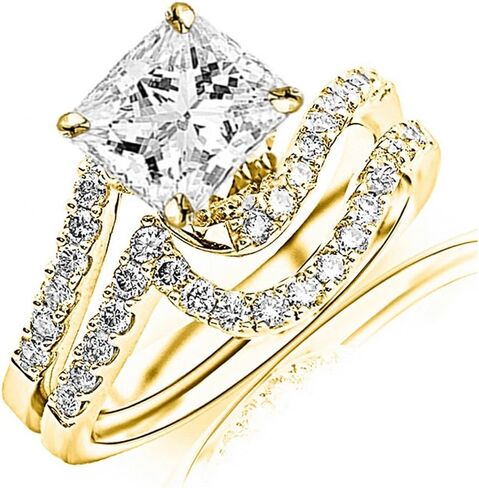14K White Gold 1.75 Carat LAB GROWN DIAMOND Curving Pave & Prong-set Round Princess Cut Diamond Engagement Ring and Wedding Band Set (D-E Color VS1-VS2 Clarity 1 Ct Center) in Kuwait