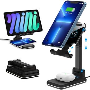 Dual 10W Wireless Charger, [Angle&Height Adjustable] Wireless Charging Desk Phone Holder Charger Stand, 2 in 1 Qi Fast Charging Dock for iPhone 15/14/13/12/11/MAX/XS,AirPods,Samsung Galaxy S21/S20/S10 in Kuwait