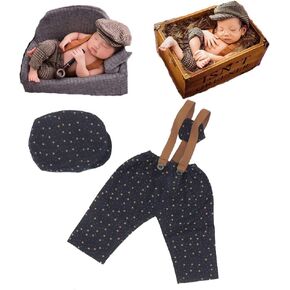 CUTEBBPHOTO Infant Newborn Photo Outfits Props Baby Photography Crochet Romper Hat Set Monthly Boy Girl Photo Shoot Knitted Berets Clothes