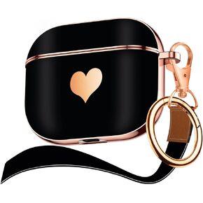 غطاء حافظة Maxjoy for AirPods الجيل الثالث، طلاء كهربائي لطيف بنمط قلب ذهبي مع غطاء مقاوم للصدمات للفتيات والنساء Airpods 3 - أسود